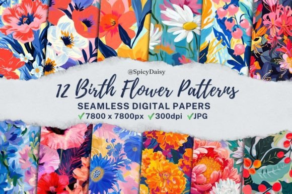 Birth Month Flowers Seamless Patterns