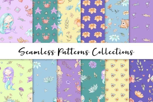 Cute Mermaids. Set of Seamless Patterns