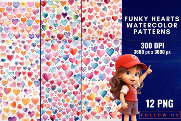 Funky Hearts Watercolor Patterns: A Playful Addition to Creative Projects
