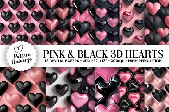 Pink Black 3D Hearts Seamless Patterns: A Versatile Design Tool for Creative Projects