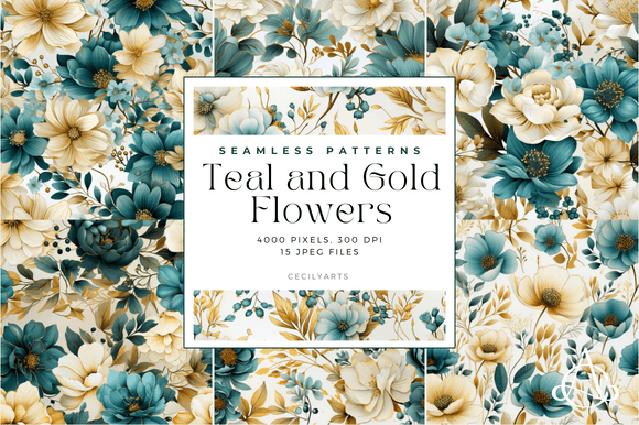 Teal and Gold Flowers Seamless Patterns